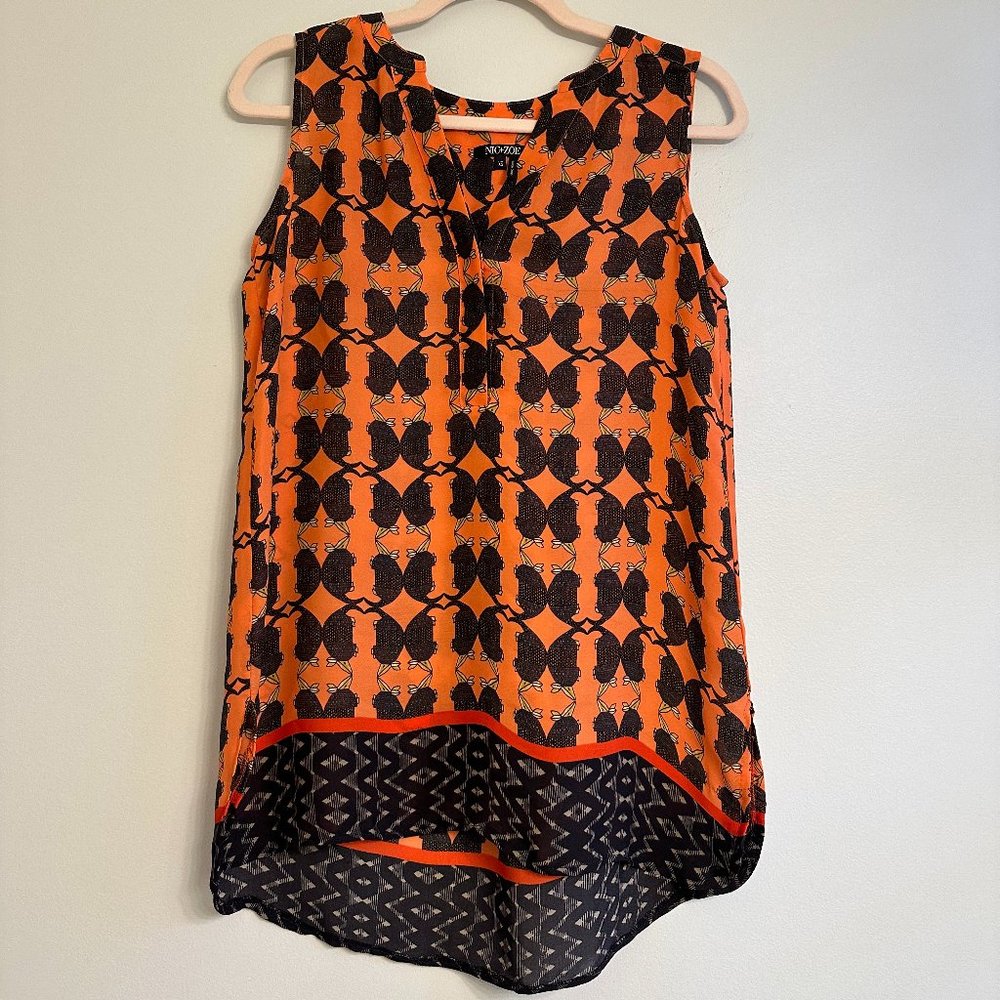 NIC + ZOE Orange and Navy Print V-Neck Sleeveless Shell, Size XS